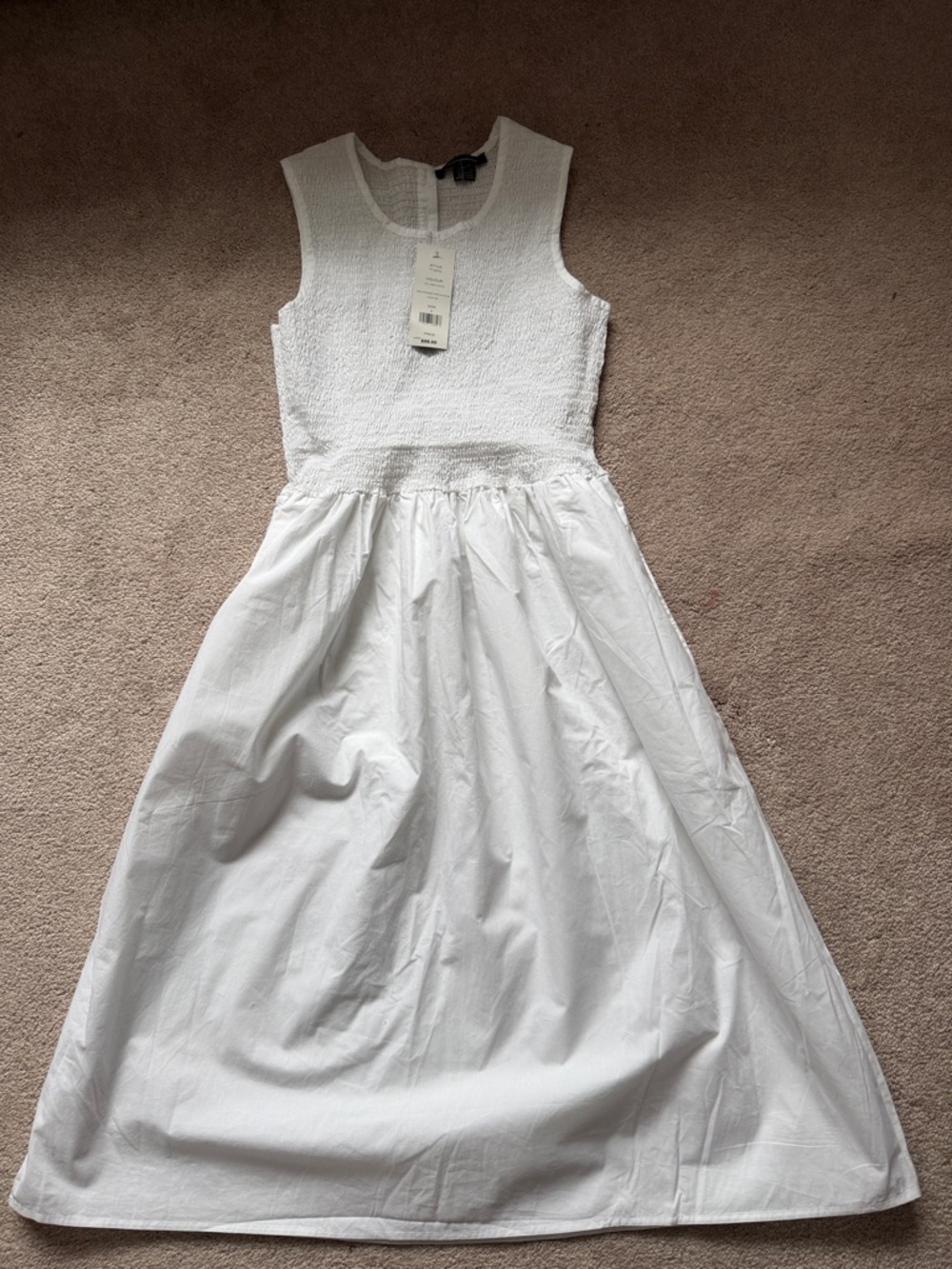 French Connection White Smocked Bodice Midi Dress